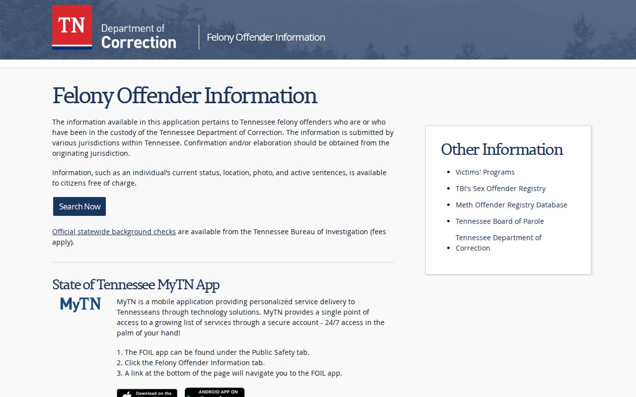 Scott County criminal history TDOC FOIL offender lookup