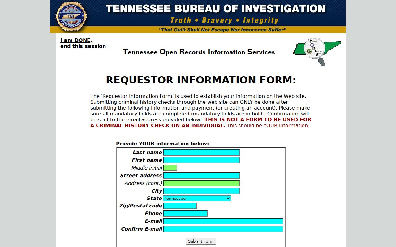 Scott County criminal record TORIS requestor information form
