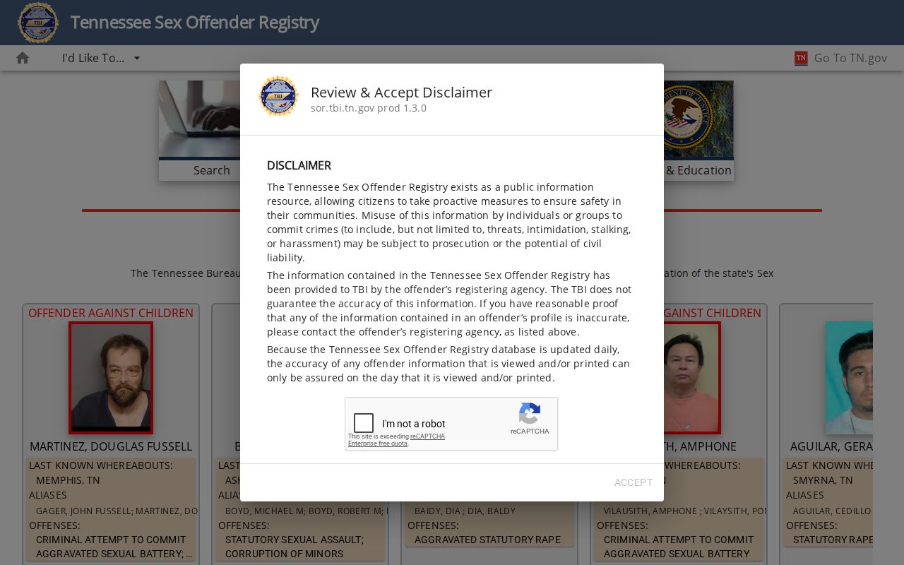 Scott County sex offender lookup on the Tennessee registry search interface