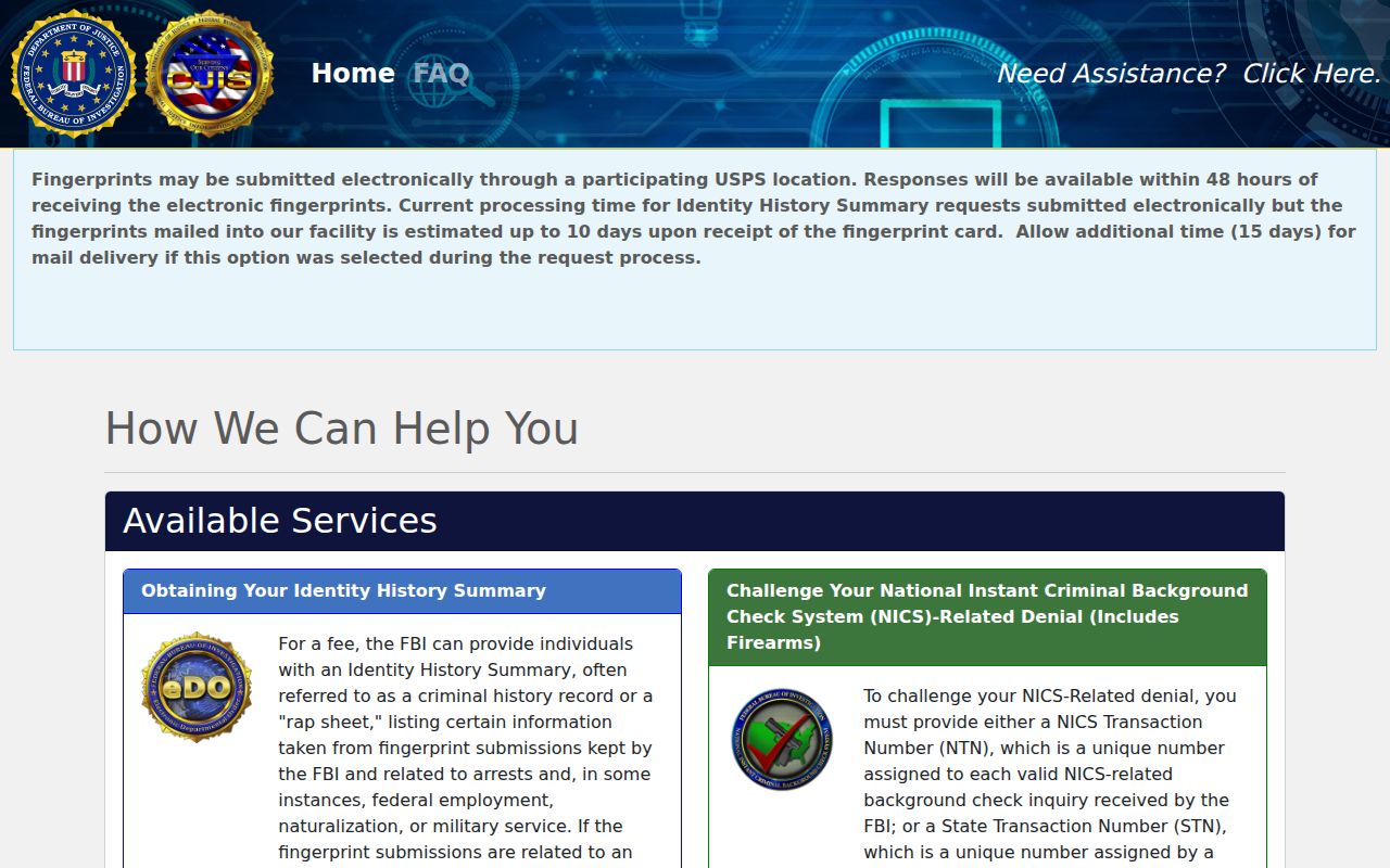 FBI identity history request option for a Winfield criminal record self-check